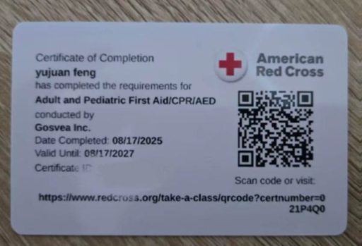 American Red Cross Adult and Pediatric First Aid CPR AED certificate for Yujuan Feng