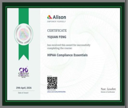 Alison HIPAA Compliance Essentials certificate awarded to Yujuan Feng