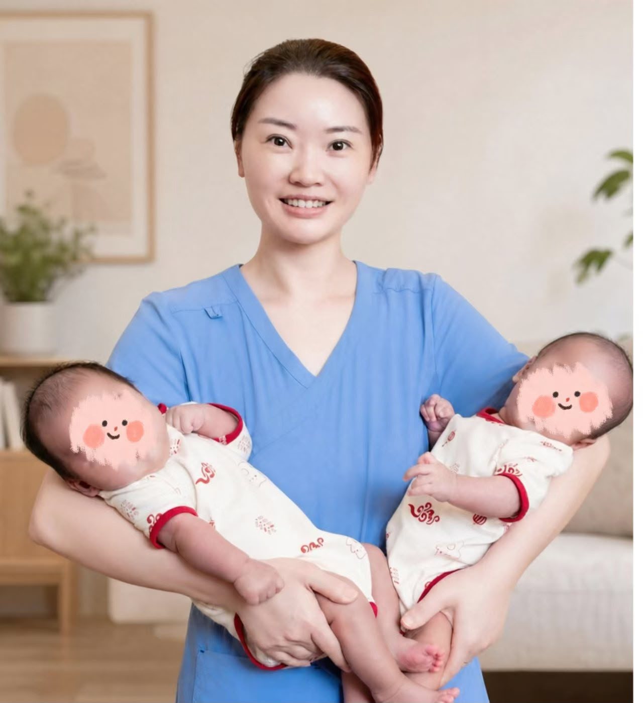 Cindy Feng in blue scrubs holding newborn twins